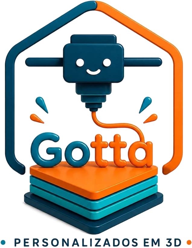 Logo da Gotta: impressora 3D sorridente sobre camadas laranja e azuis, com o texto Personalizados em 3D