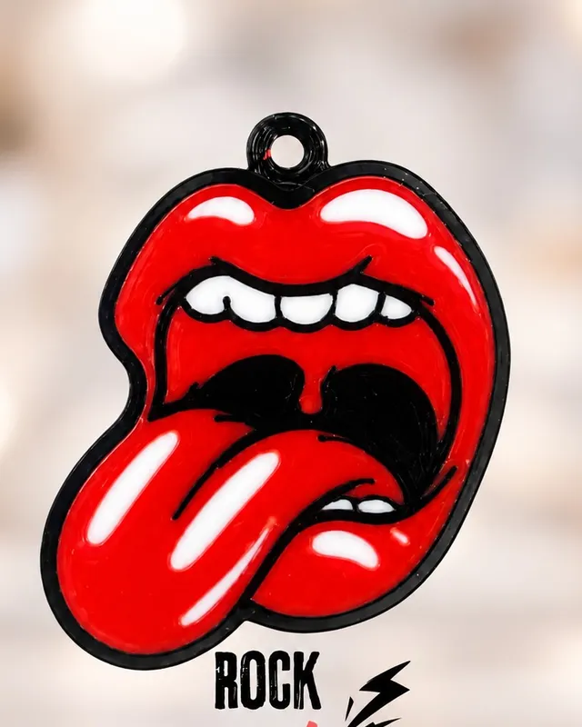 Chaveiro vermelho de boca com língua e o texto Rock and Roll